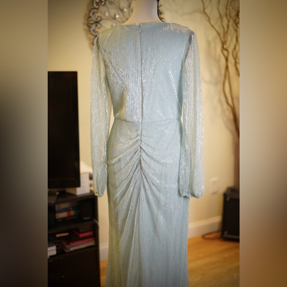 Adrianna Papell Shimmery Seafoam Long Sleeve Wrap Gown - Picture 6 of 6